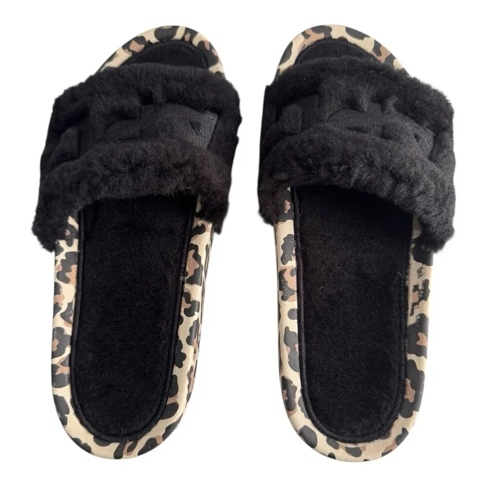 APL Women’s Shearling Furry Slide Sandals in Black/Leopard Size 8‎